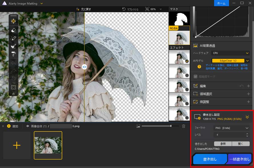 Aiarty Image Matting�ŉ摜�̔w�i�𓧉߂���菇3